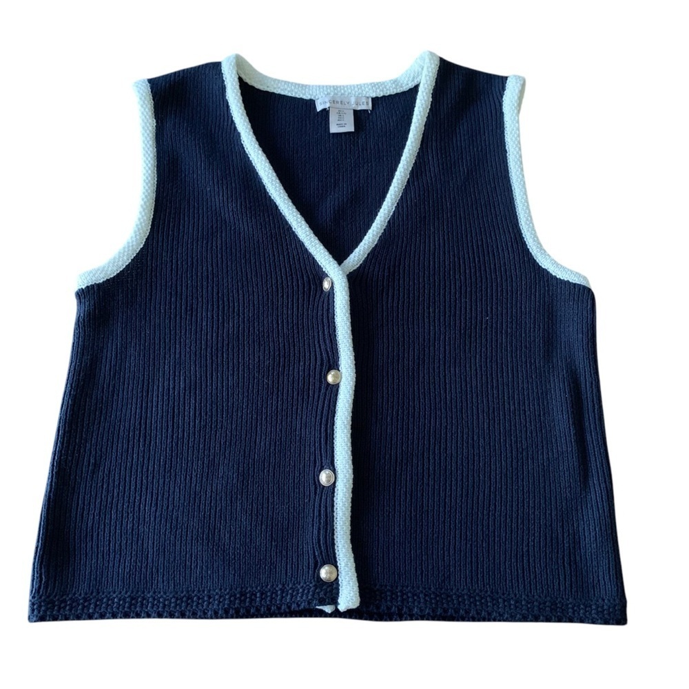Sincerly Jules Preppy Nautical Navy and White Gold Button Sweater Vest Sz L
